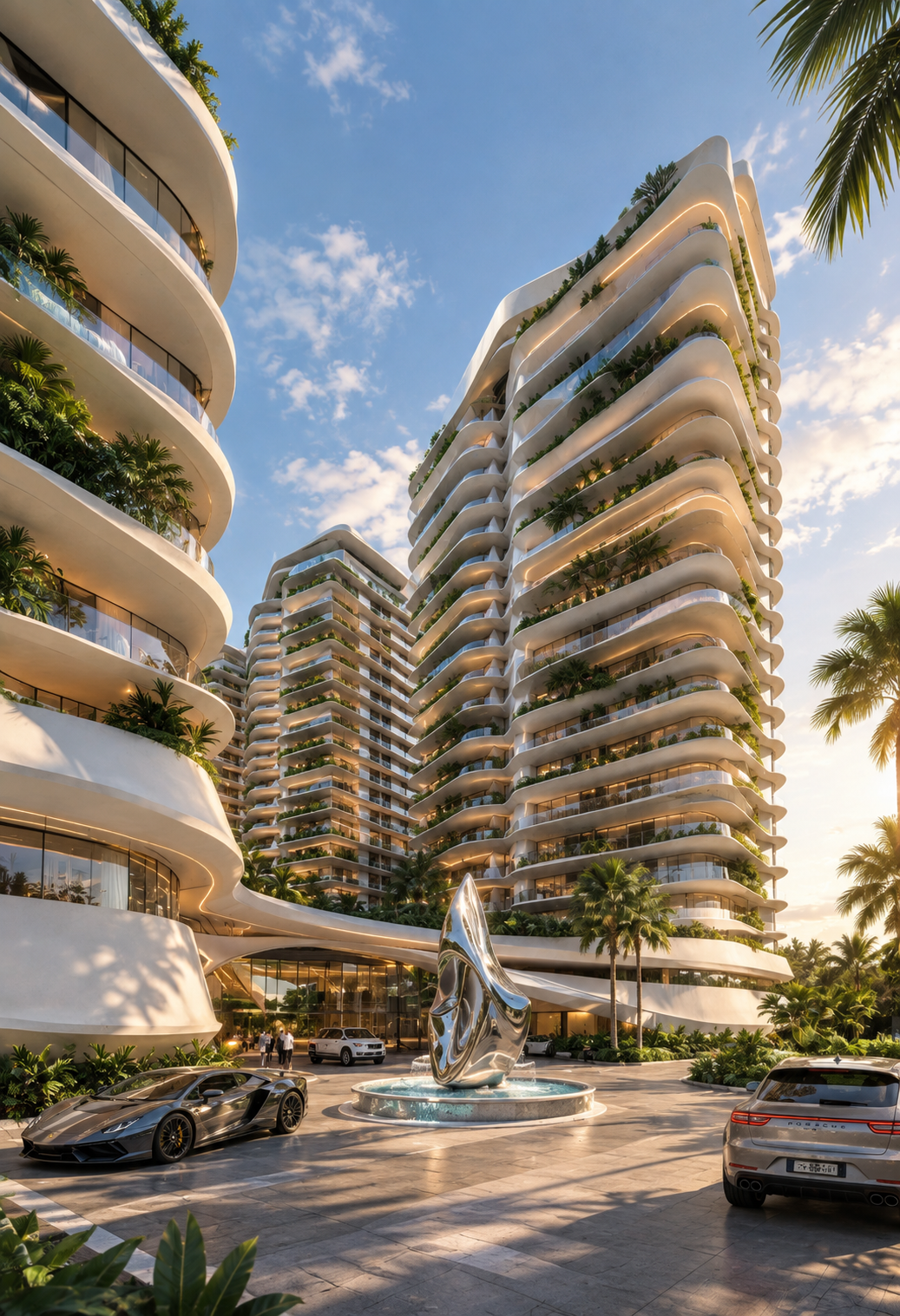 Atmosphere Home Spa — sculptural residential towers at the arrival plaza
