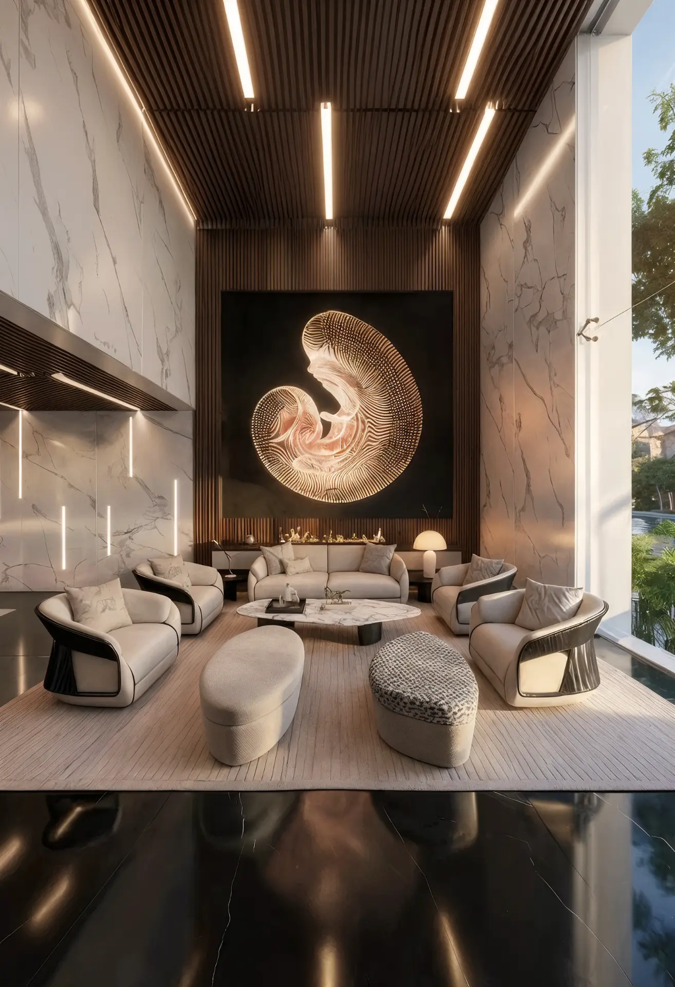 Dawn Villa — double-height main lounge with designer furniture and sculptural art