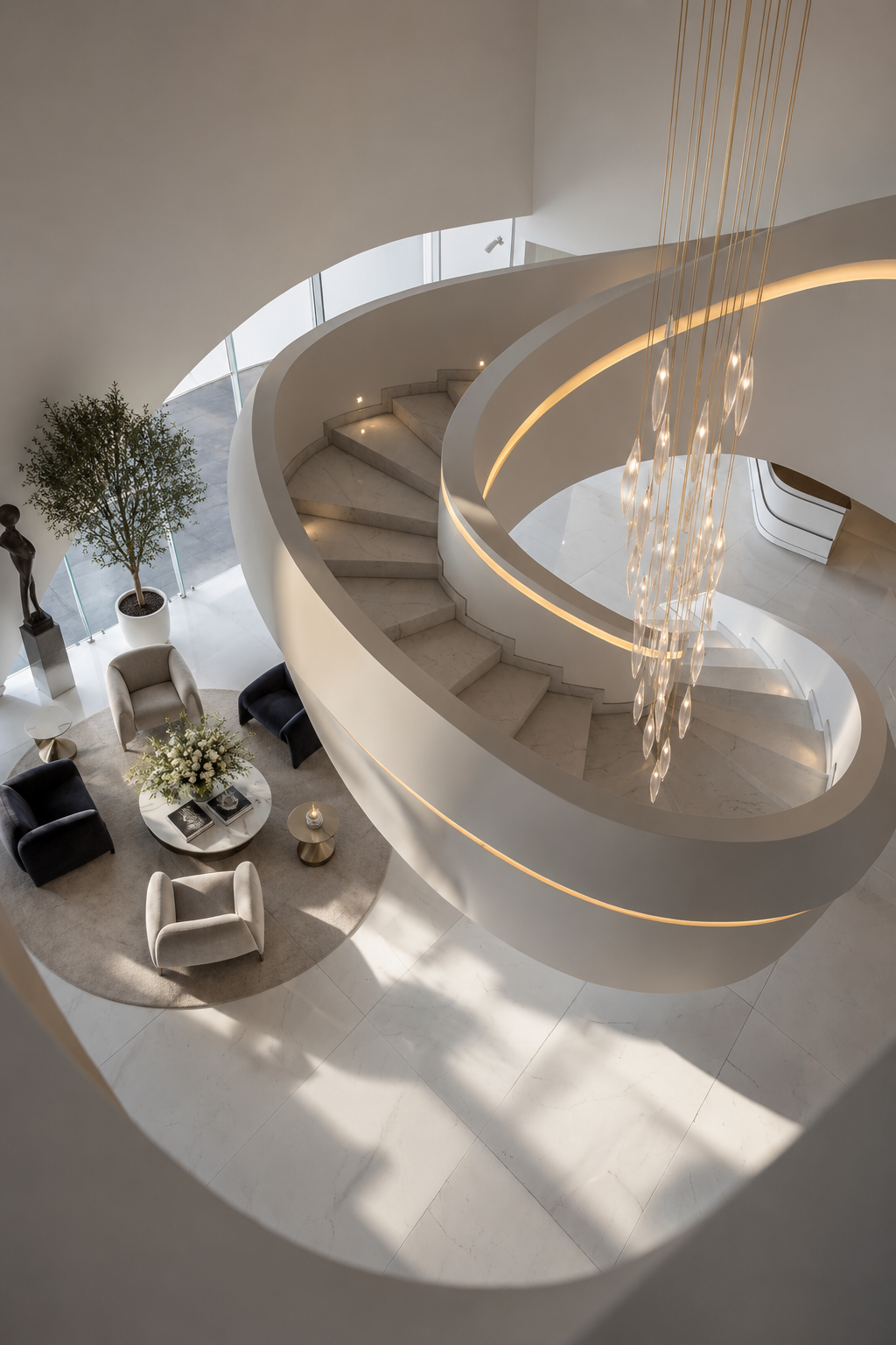 Verona Tower — double-height lobby with sculptural spiral staircase and chandelier