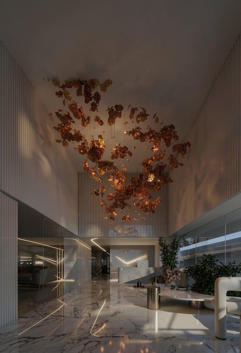 MYSORI INDIA — grand lobby with a floating canopy of bronze leaves, marble floors and concealed lighting