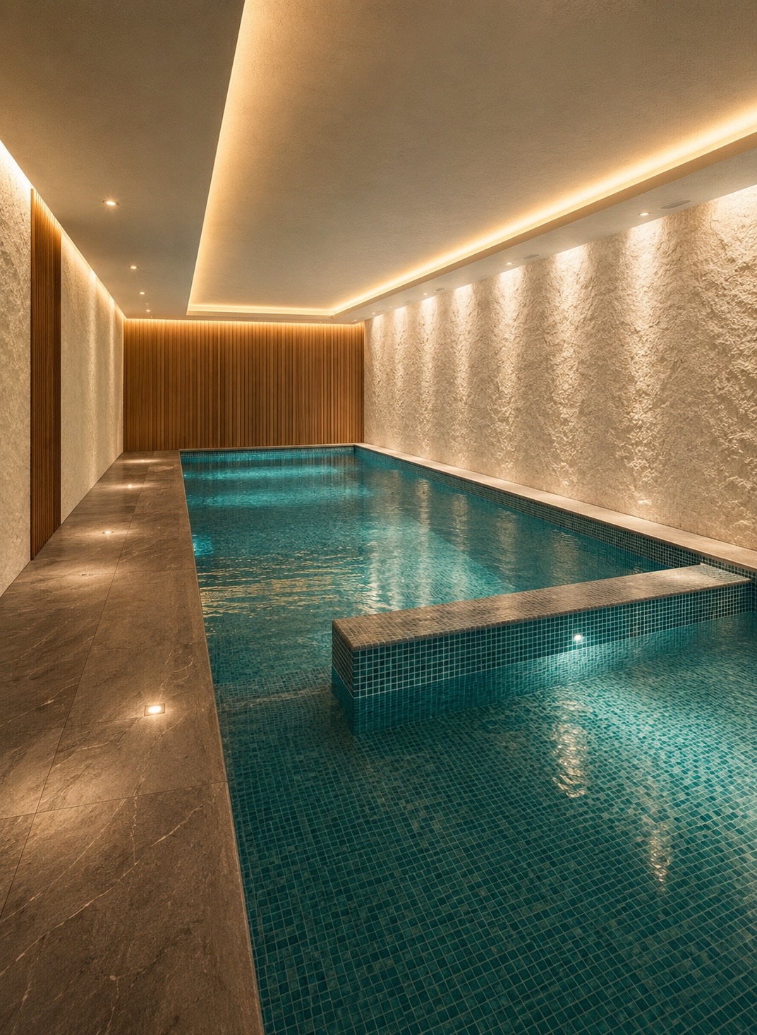 Indoor pool in the basement of Cedros House, mosaic tile water and backlit stone walls