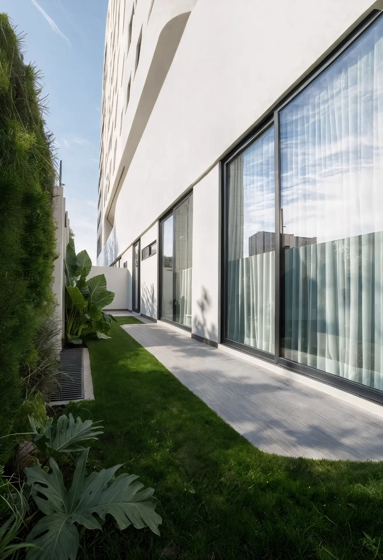 Verona Tower — garden apartment terrace with floor-to-ceiling glazing and private lawn