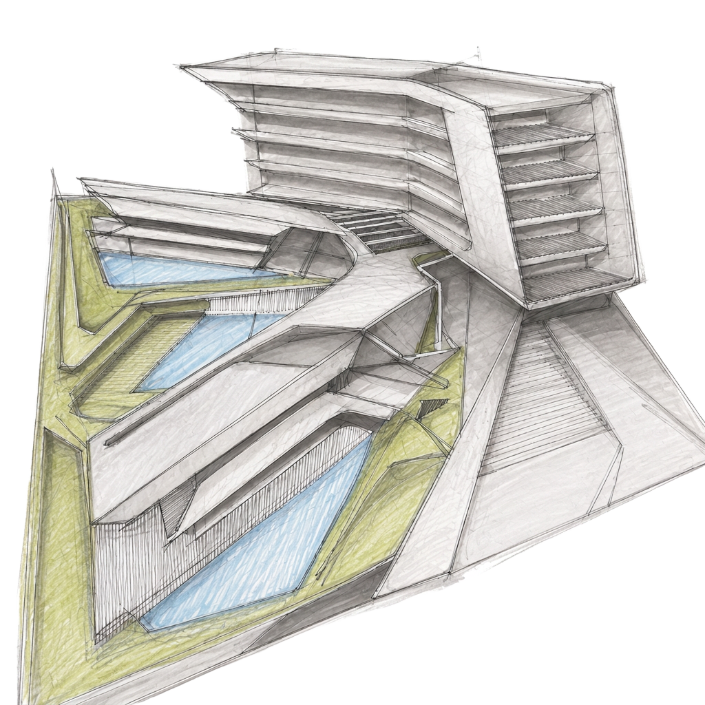 Hand-drawn colour masterplan of a CREATO development