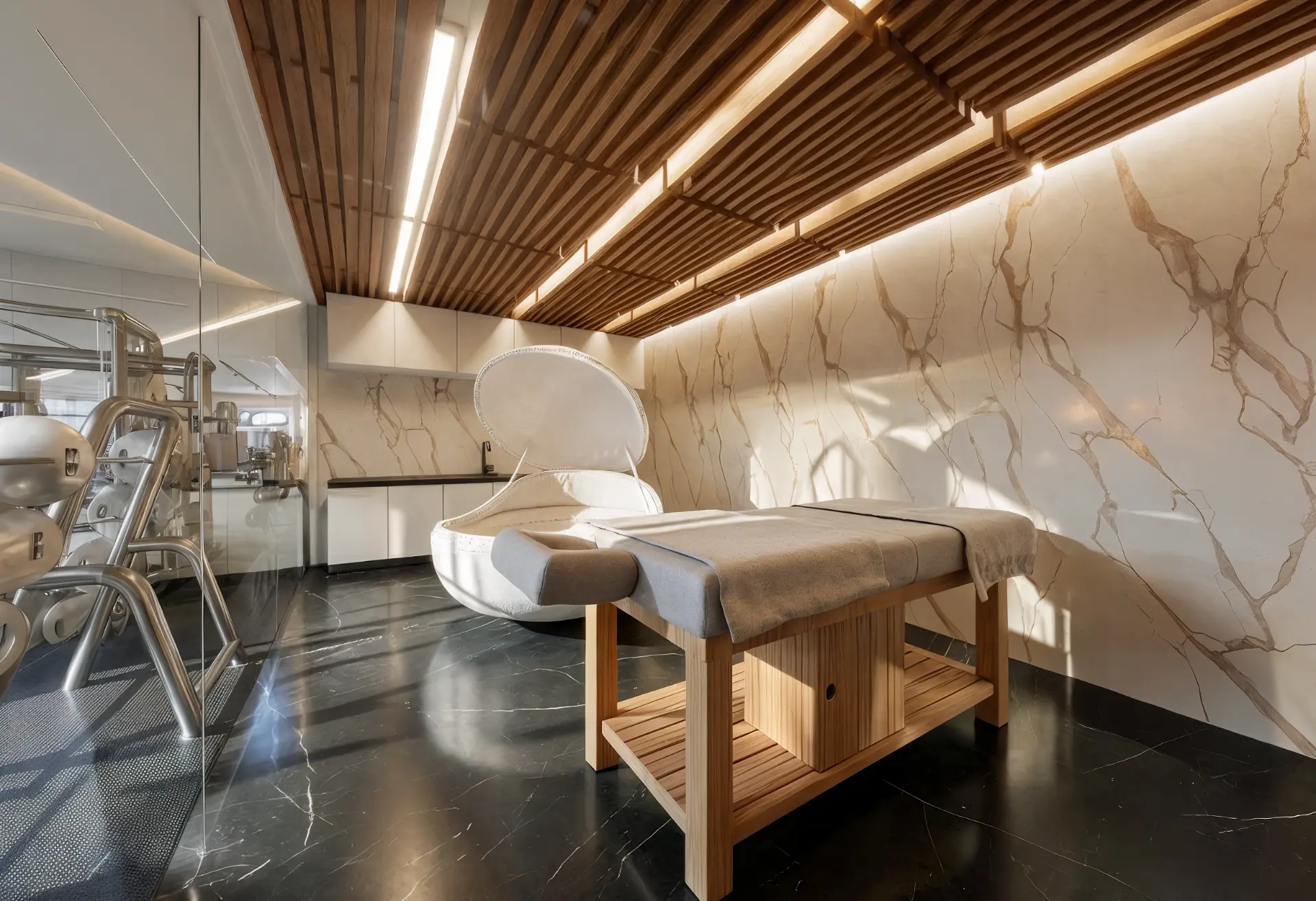 Dawn Villa — private sauna and spa area with marble and wood finishes