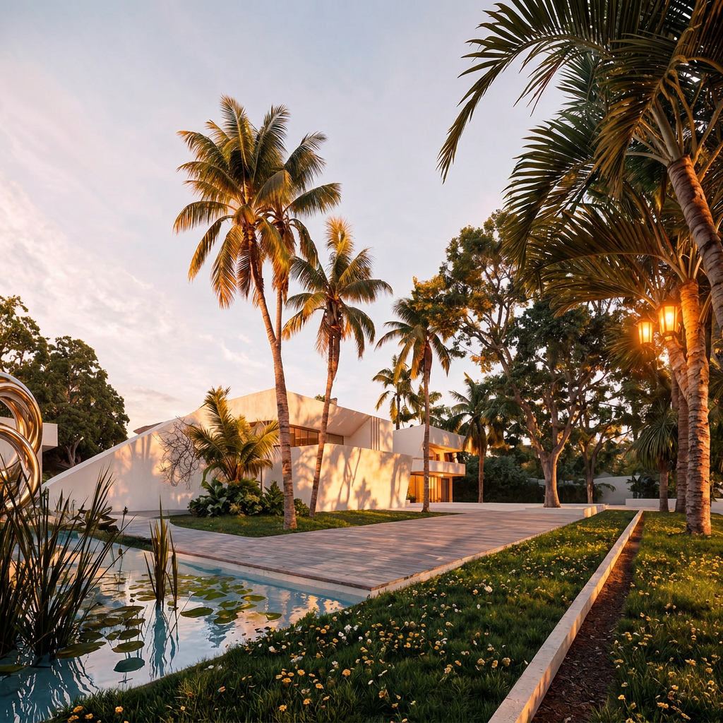 Terrace and garden walkway of Casablanca House at golden hour, with a weathered timber deck crossing a lily-pad pond, palm trees and white angular volumes