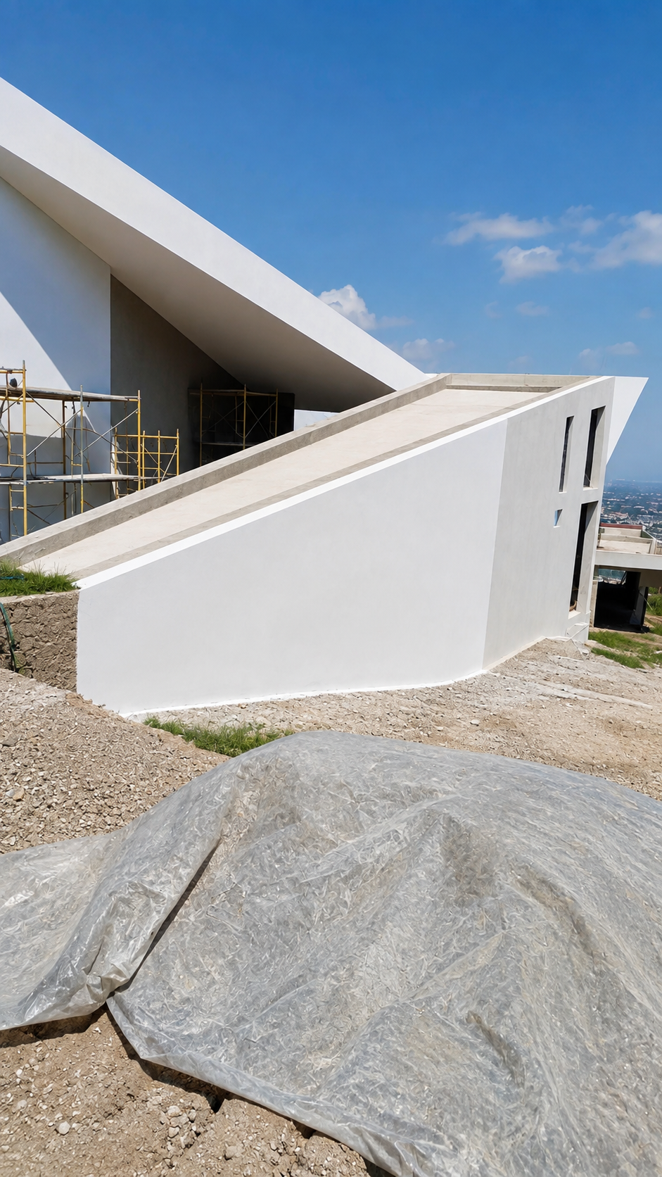 Laureles Villa — angular white concrete forms taking shape on the hillside