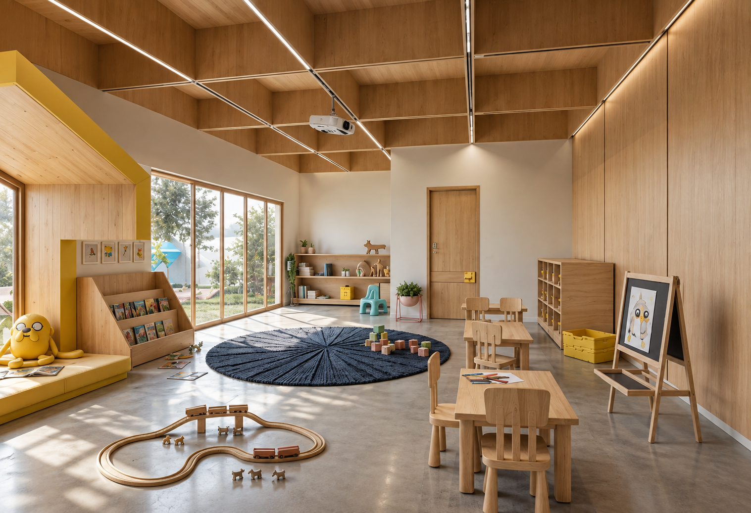 MACC ACADEMY — bright kindergarten classroom with timber walls, warm natural light and child-scaled furniture