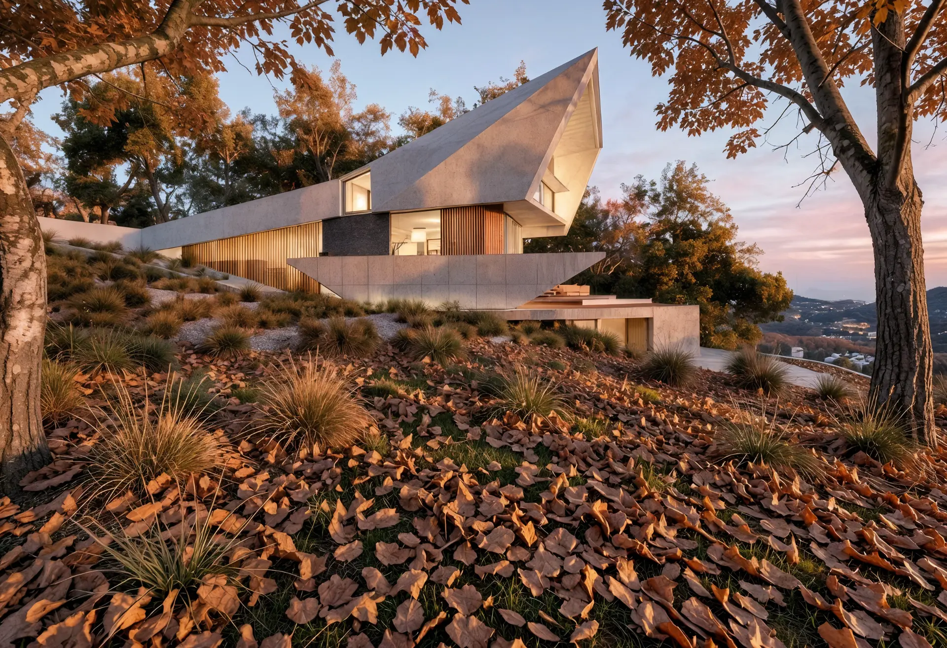 Laureles Villa nestled among autumn trees — sculptural triangular facade at golden hour