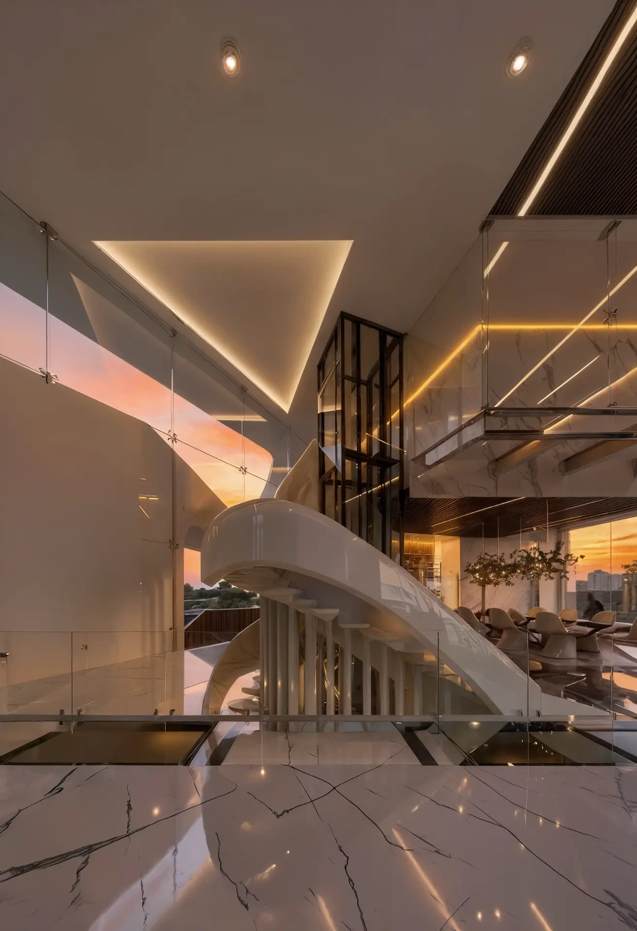 Dawn Villa — sculptural marble spiral staircase at sunset