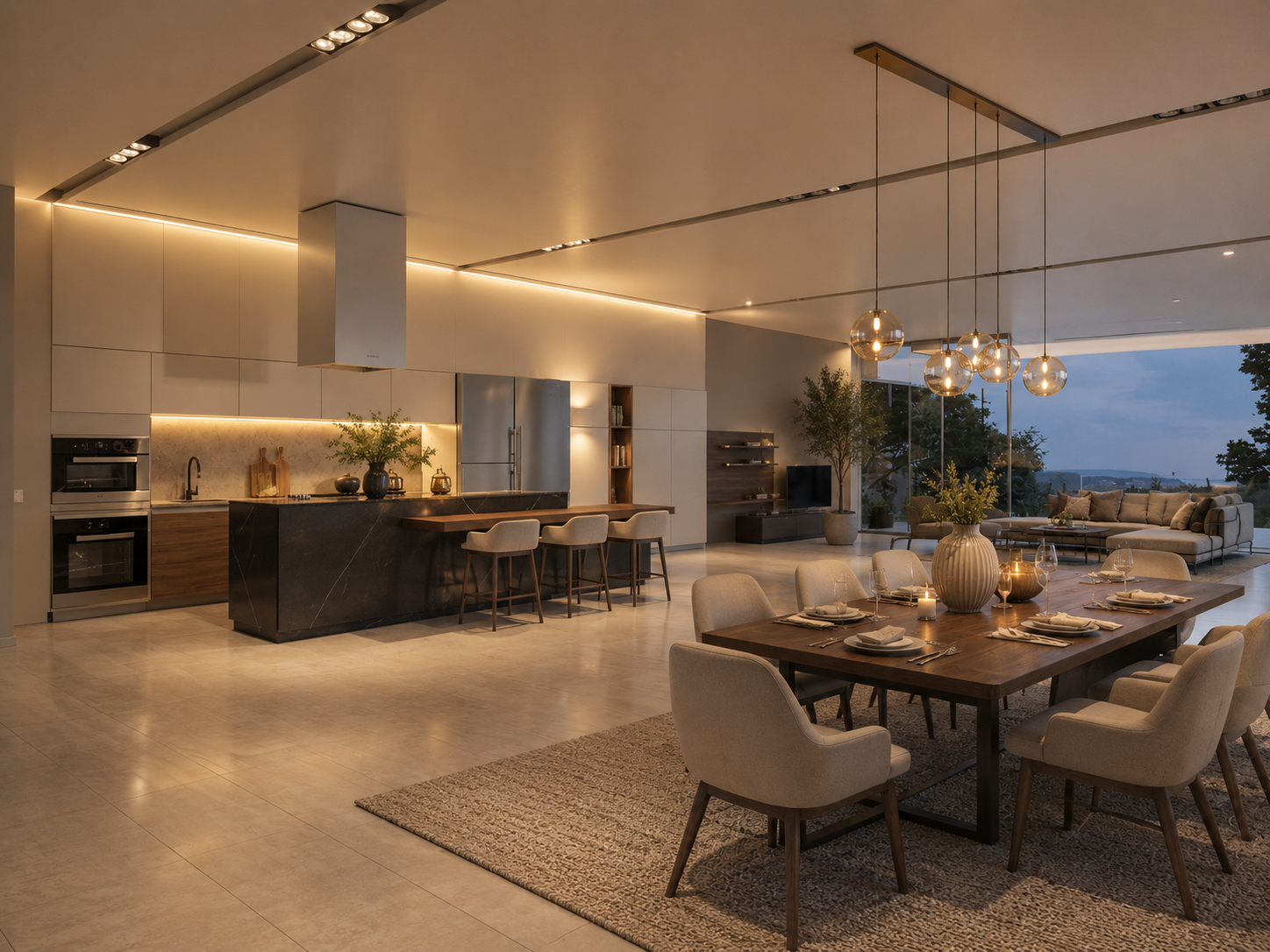Open-plan living, dining, and kitchen at Laureles Villa with warm evening lighting