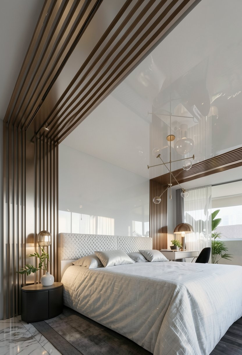 MYSORI INDIA — primary bedroom suite with bronze slats, soft linen and panoramic balcony glazing