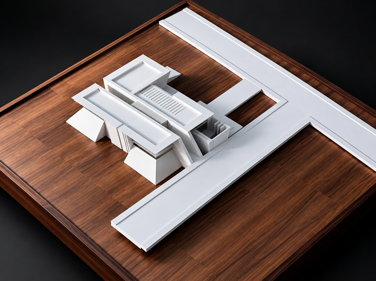 Physical study model of Casablanca House in white card on a rich walnut base, showing the layered roof planes, terraces and courtyard composition against a dark studio background