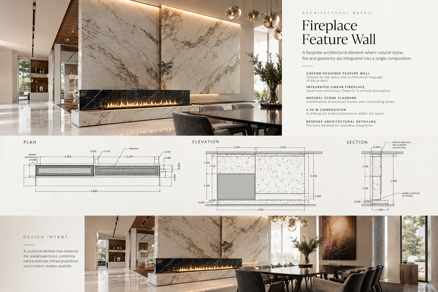 Architectural detail sheet for the fireplace feature wall of Casablanca House, with perspective views of the marble-clad wall and dining area alongside plan, elevation and section drawings