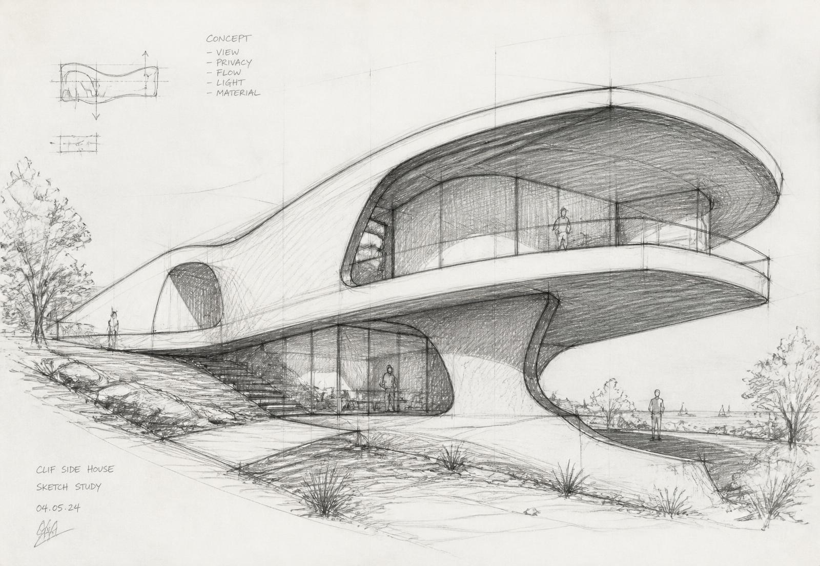 Freehand sketch of a residence
