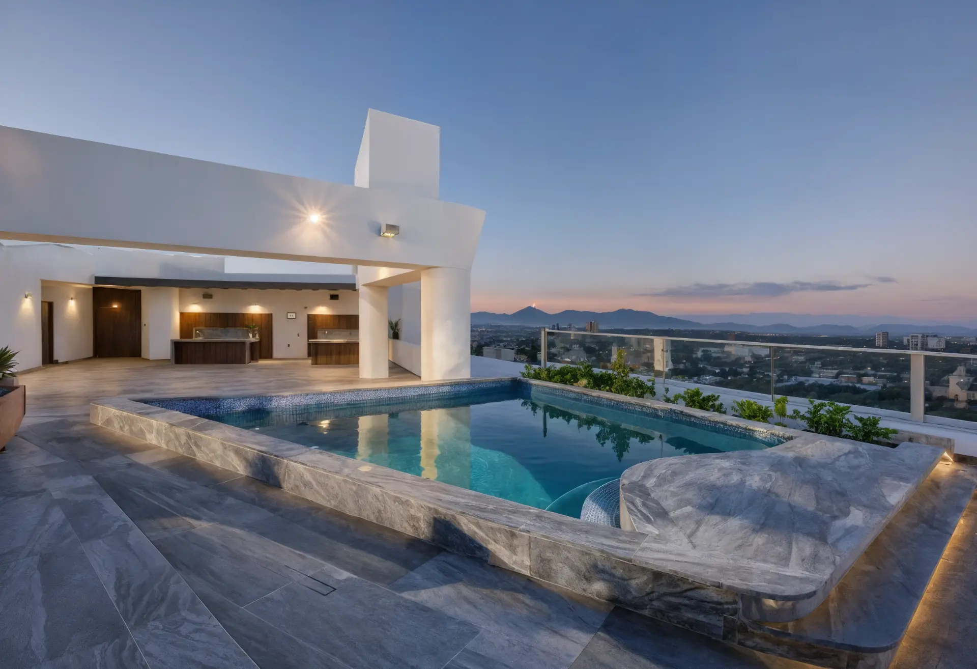 Verona Tower — rooftop pool and terrace at dusk with city views