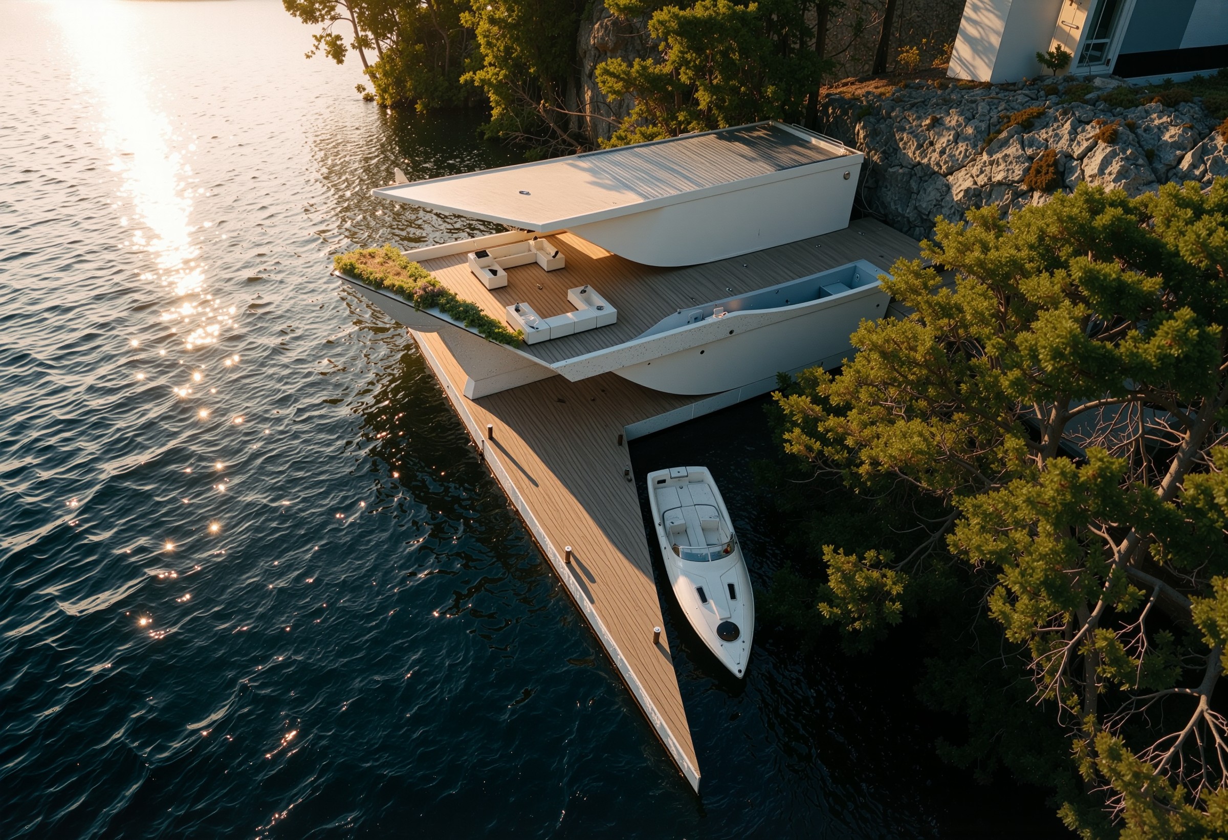 Aerial view of Muskoka Villa and its private waterfront dock
