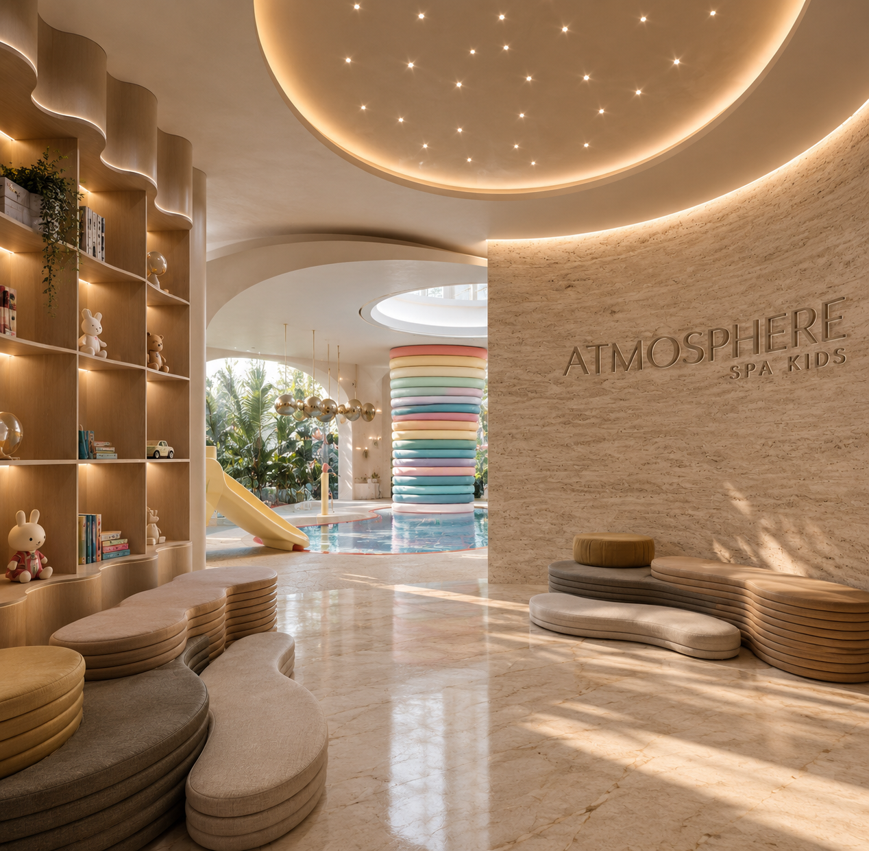 Atmosphere Home Spa — kids' spa and playroom with curved ceilings, toy shelves and a small pool