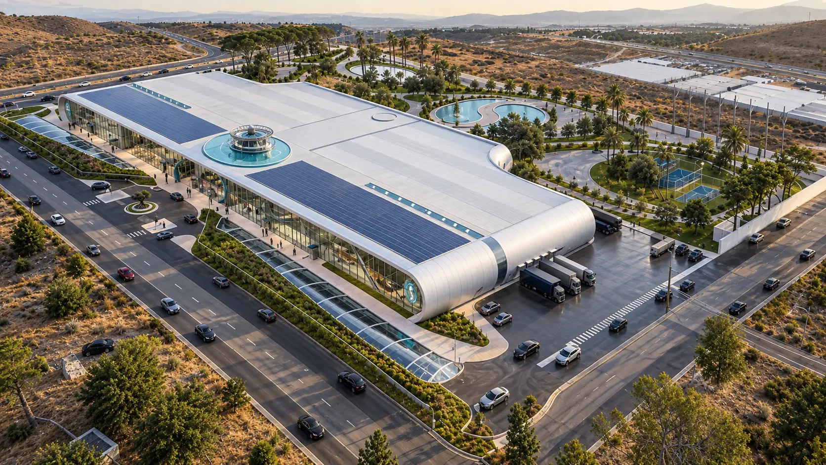 SHELO NABEL — aerial view of the futuristic corporate campus with solar rooftops, helipad, water features and surrounding roads