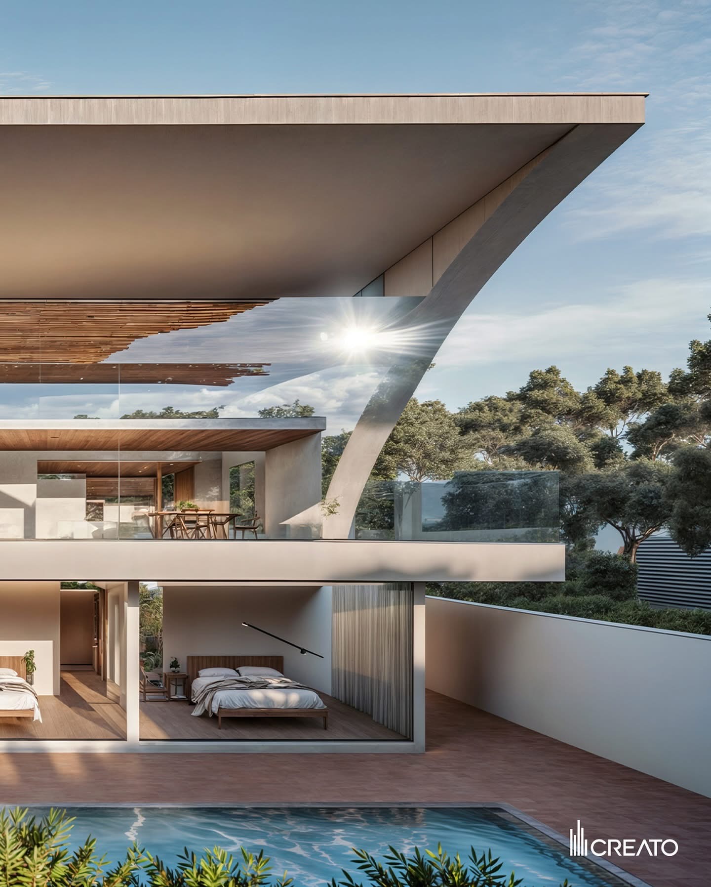 Terrace of Vaucluse Villa seen under the deep roof cantilever, with glazed bedrooms opening to the pool