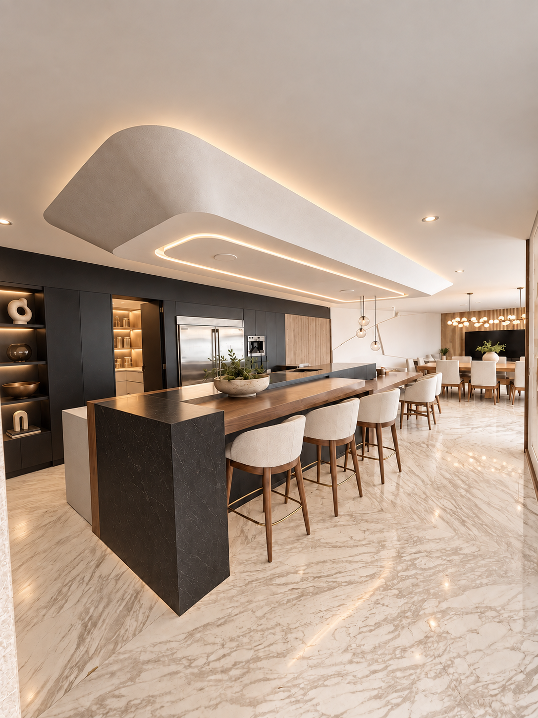 Kitchen island of Cedros House with dark stone waterfall counter, walnut bar and sculpted ceiling light cove