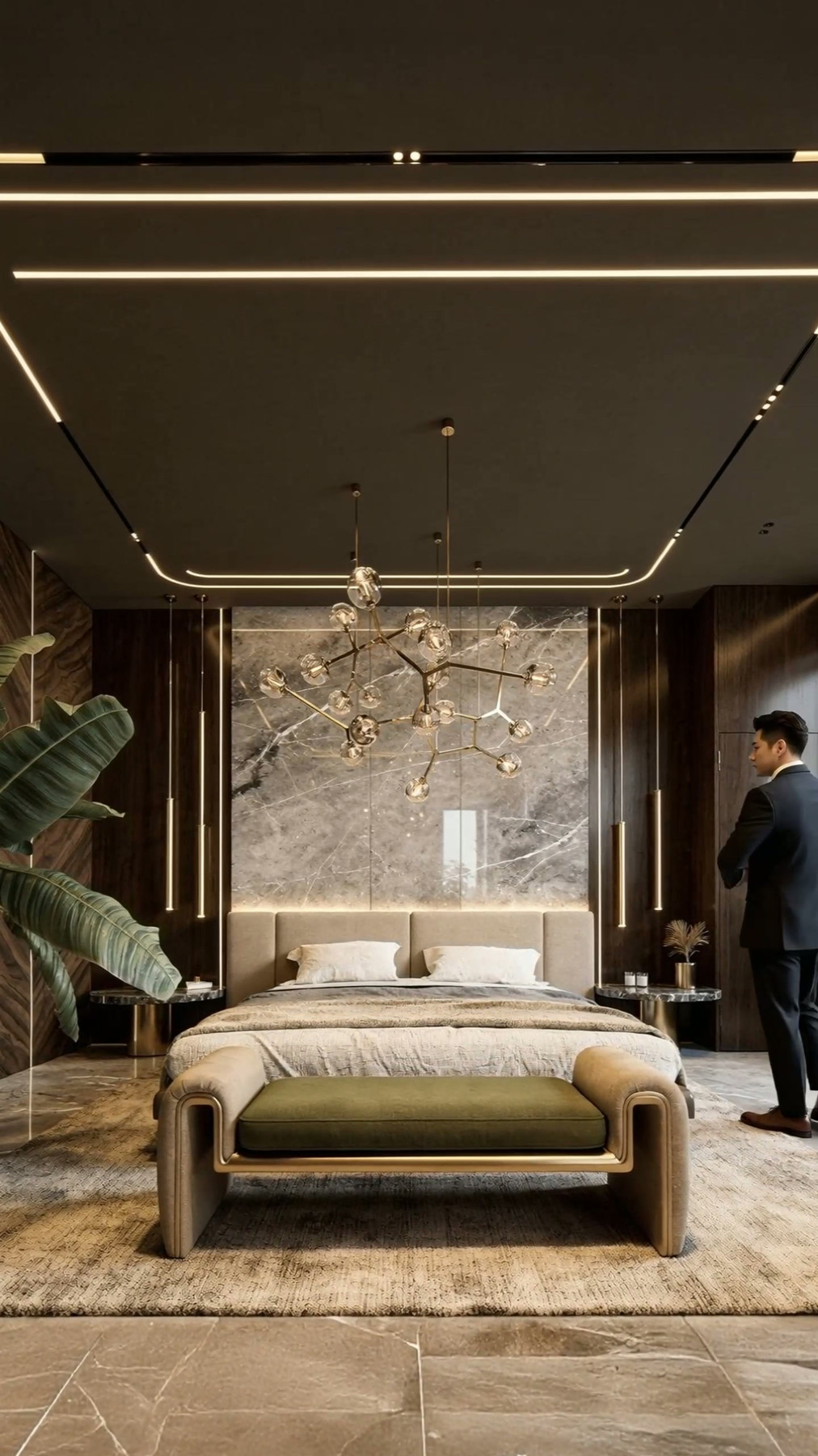 Primary suite with marble wall and floating bed