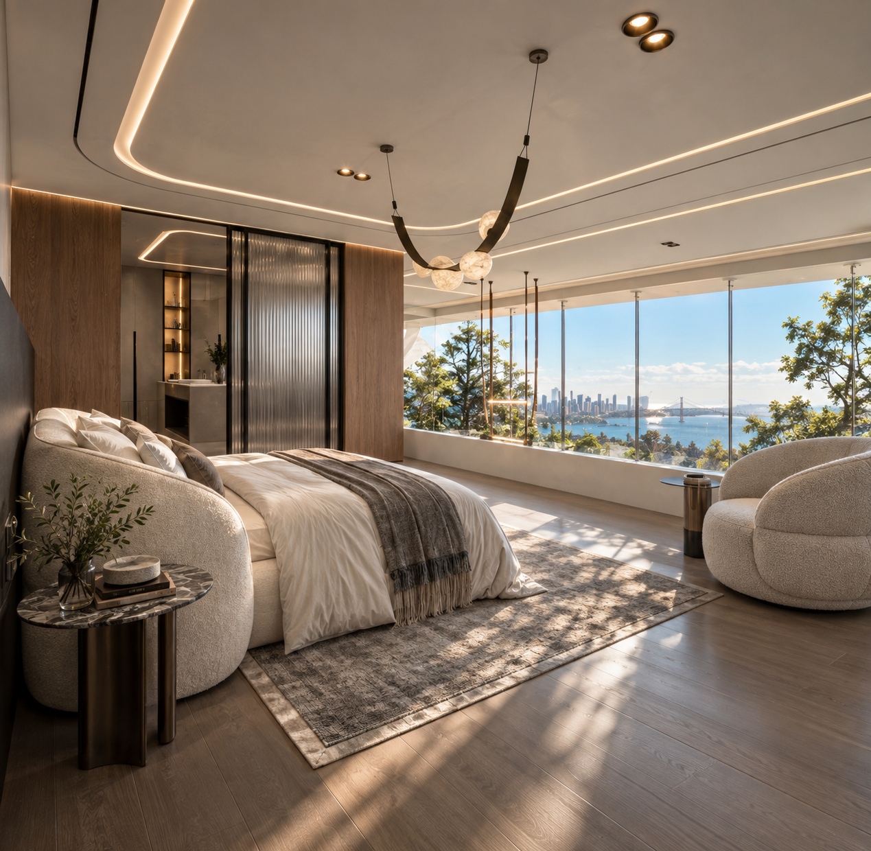Interior design of the main bedroom of Vaucluse Villa, with a curved upholstered bed, warm cove lighting, timber and marble finishes and floor-to-ceiling glazing framing the views over the bay