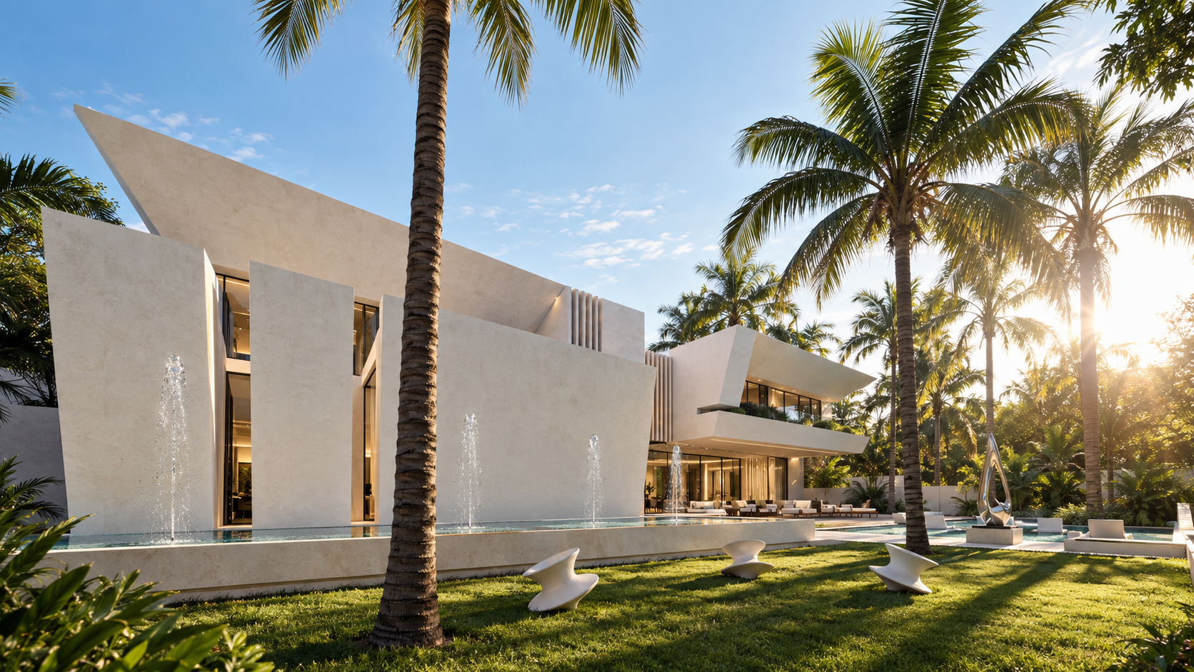 Rear facade of Casablanca House at golden hour, with sculptural off-white stone volumes, floor-to-ceiling glazing, a narrow reflecting pool with fountains, a cantilevered upper level over the terrace, palm trees and lawn