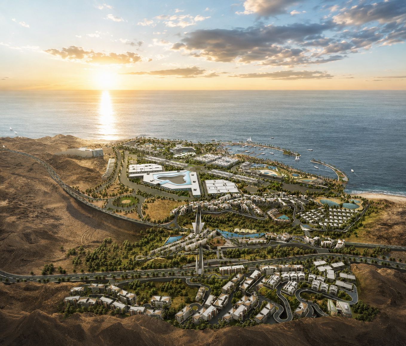 Carnelia — masterplan aerial at sunset over the Red Sea coast