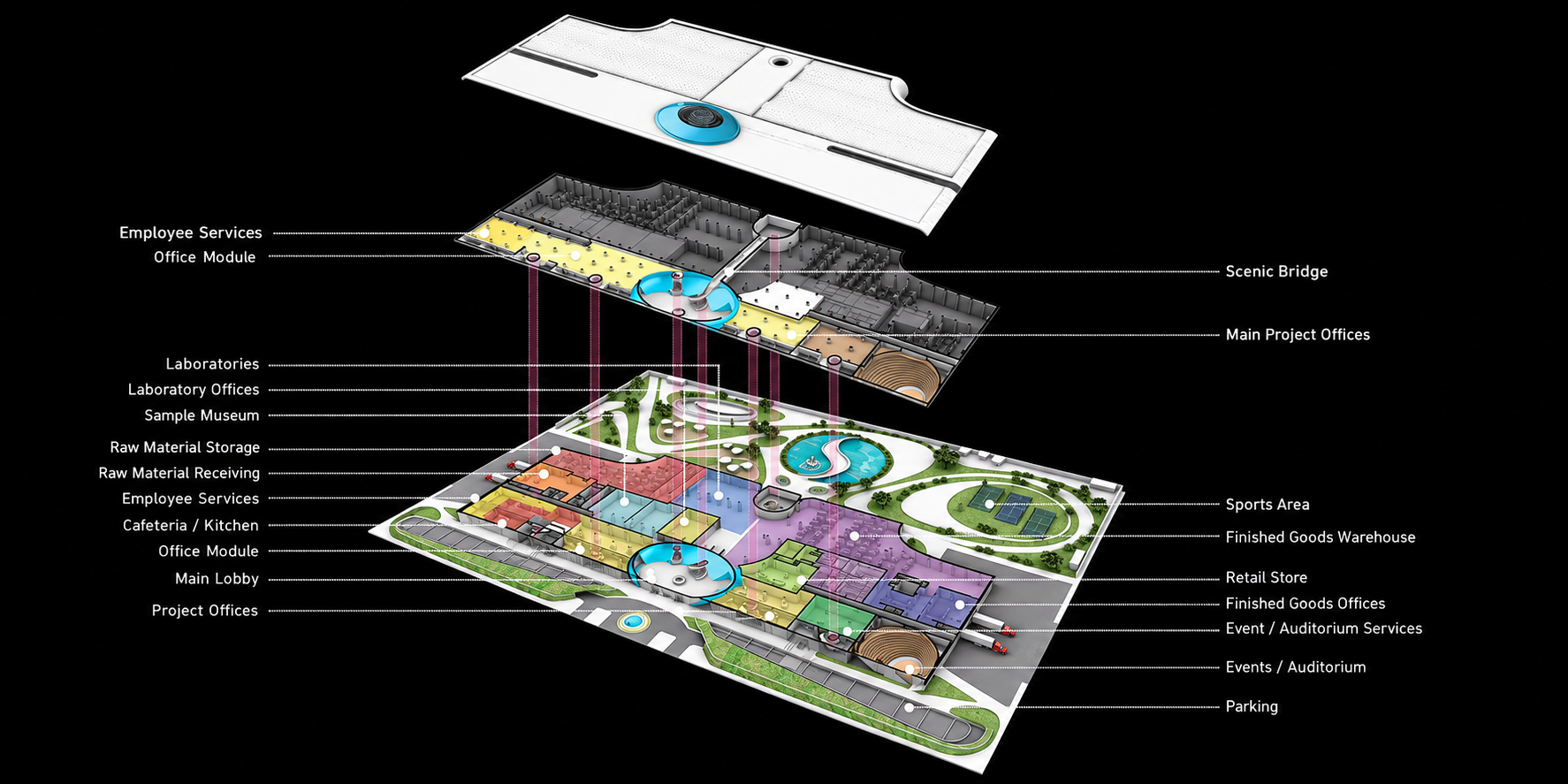 SHELO NABEL — exploded axonometric diagram showing the program distribution across floors and outdoor spaces