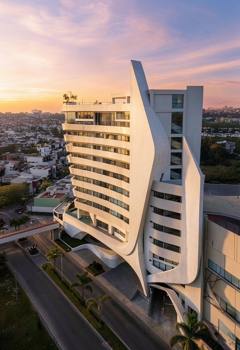 Verona Tower — aerial view of the sculptural facade at sunset