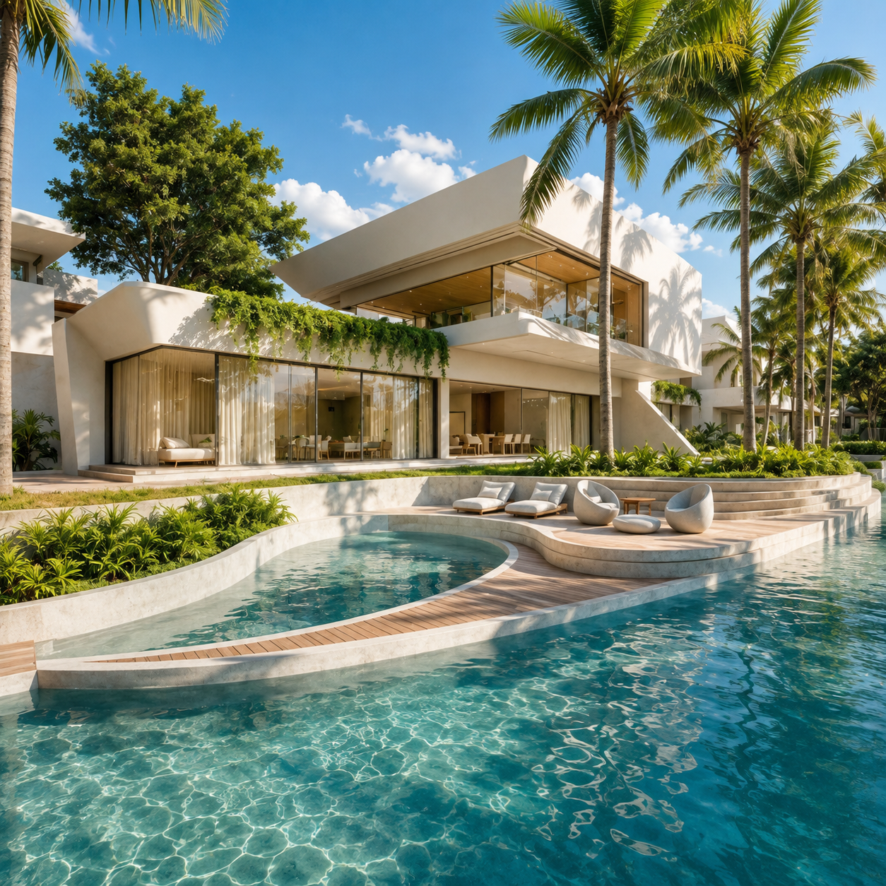 Vivienda Resort villa — white sculpted volumes with palm trees and a lagoon pool at midday