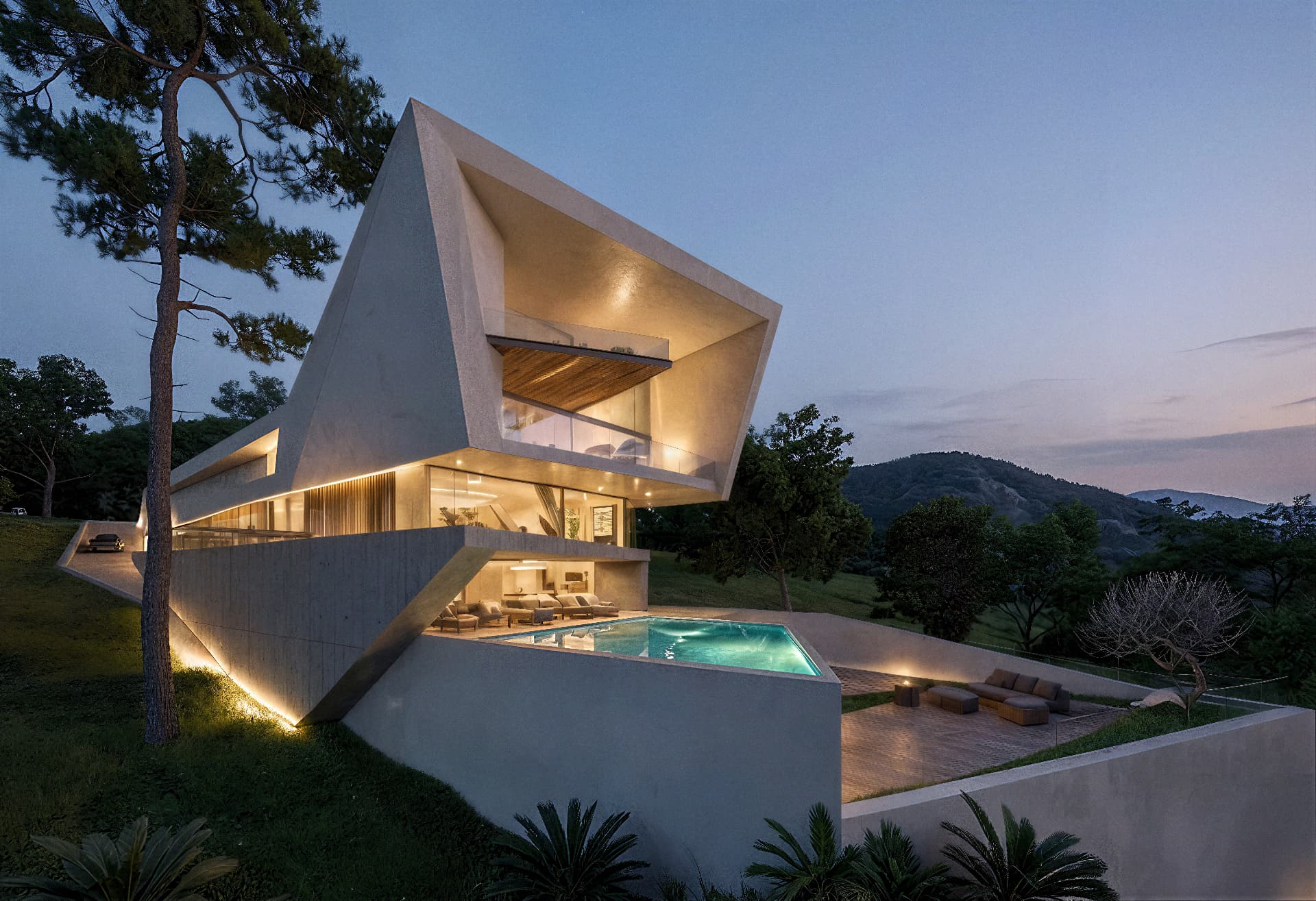 Laureles Villa at dusk with the triangular cantilever over the valley