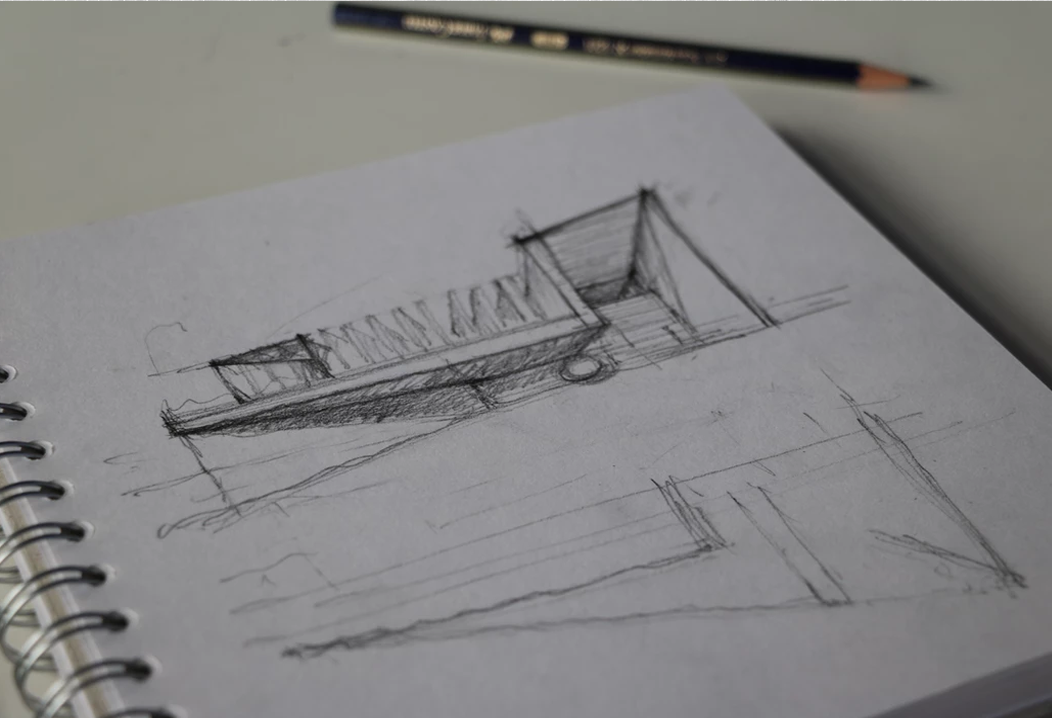 Freehand architectural sketch of a CREATO mixed-use development with curved volumes
