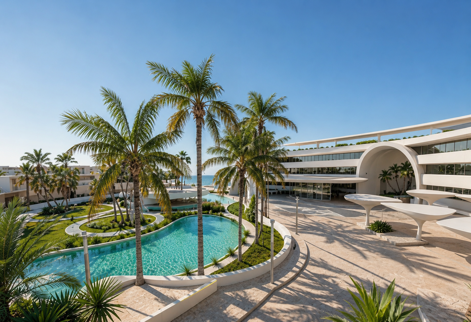 Vivienda Resort — tropical pool terrace with palm trees and white curved architecture facing the sea