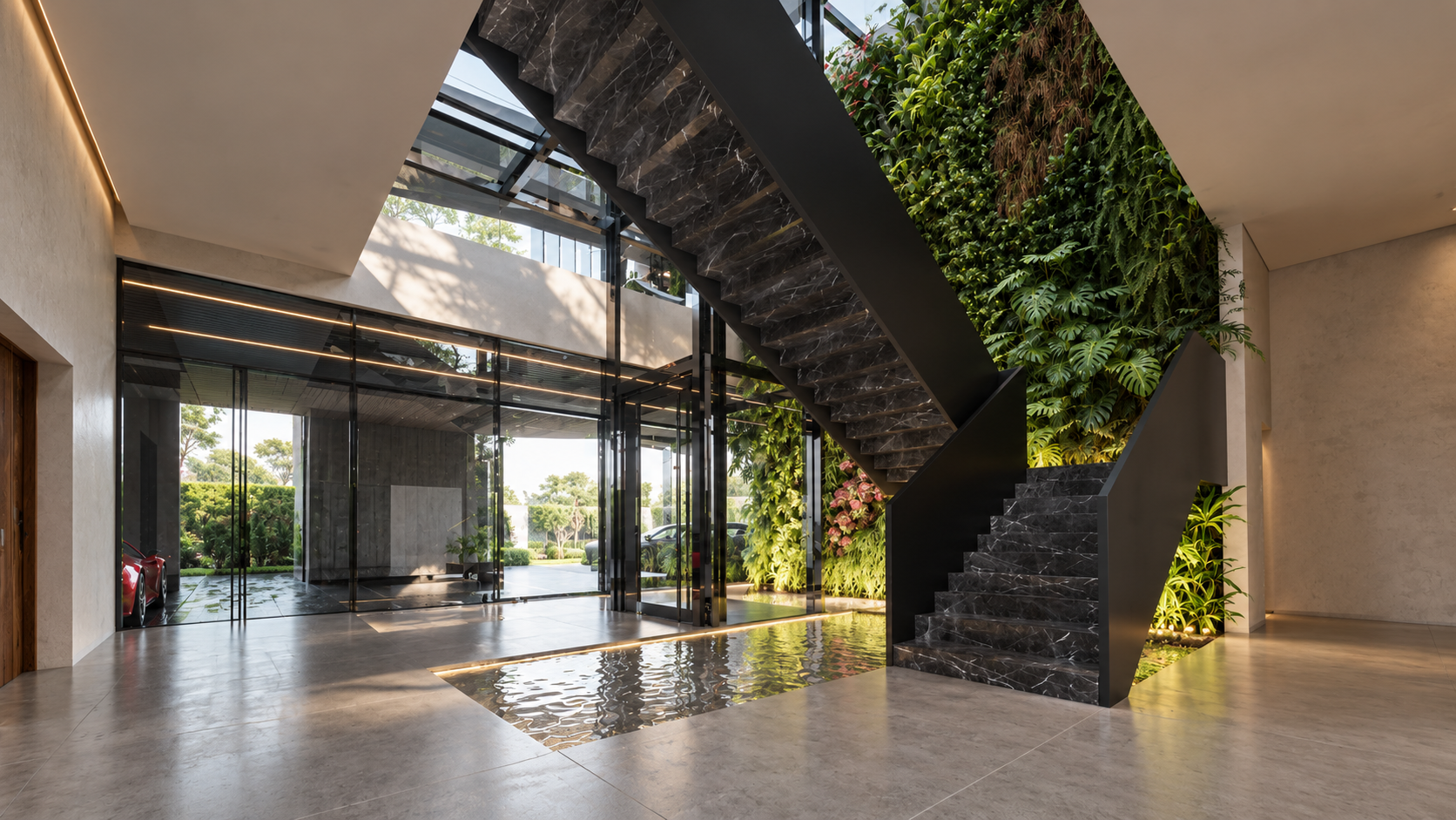 Double-height entrance hall of Alexence Villa, with a sculptural black marble stair, floor-to-ceiling glazing, a lush vertical garden wall, a reflective indoor water pool and the glass-walled garage with a sports car beyond