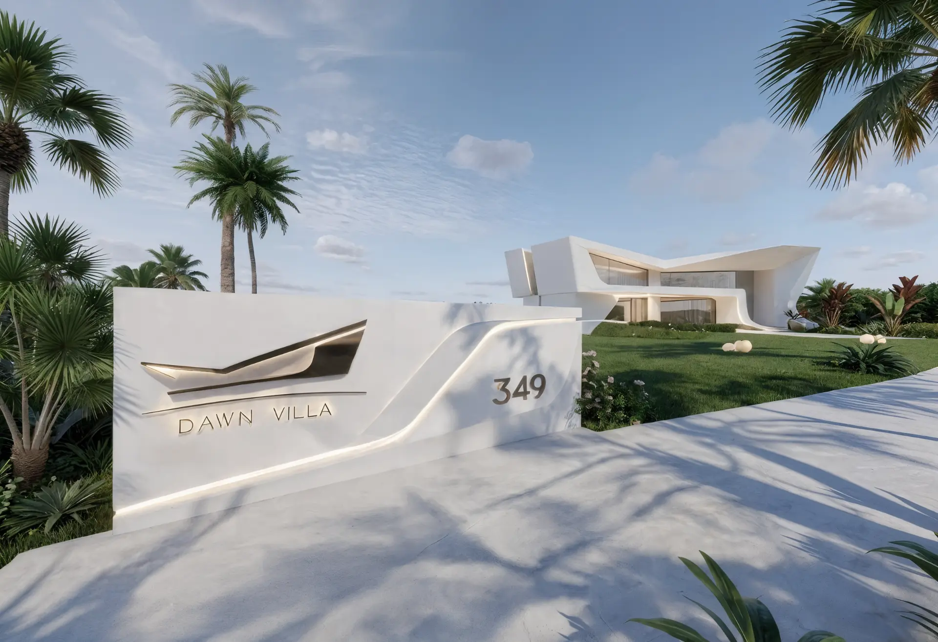 Dawn Villa — main entrance gate with the project emblem