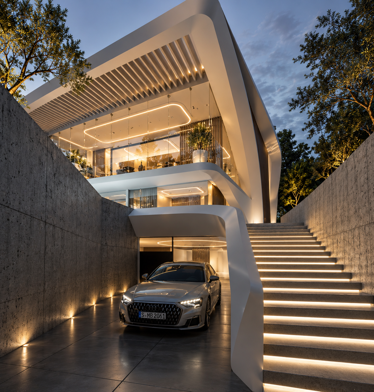 Vaucluse Villa at dusk, with its sculptural white canopy over the entrance, illuminated stairs and car court below