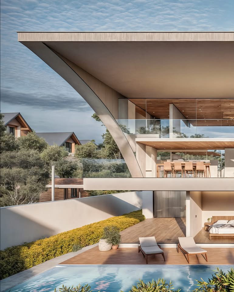 Close view of the structural curve supporting the cantilevered roof of Vaucluse Villa above the dining level