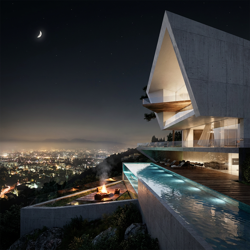Laureles Villa at night — infinity pool and fire pit above the illuminated city