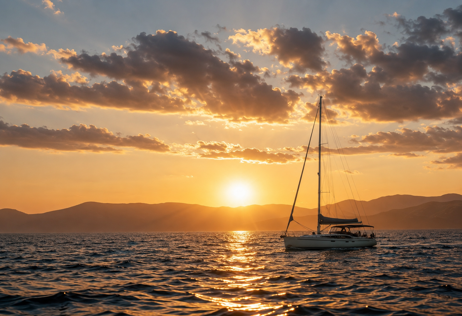 Carnelia — sailboat on the Red Sea at golden hour with the coastline beyond