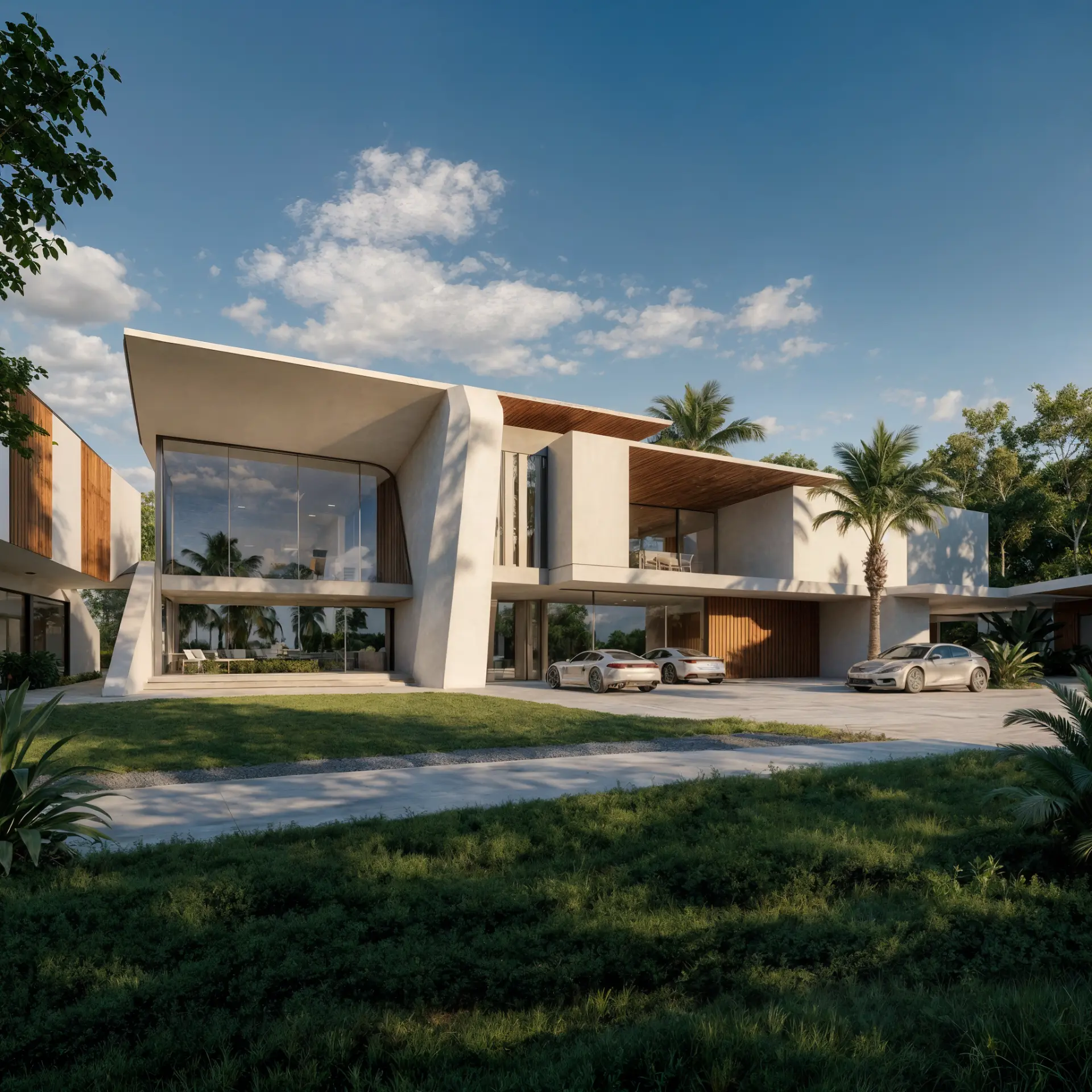 Vivienda Resort villa — arrival facade with cantilevered roof, timber soffits, and garden approach