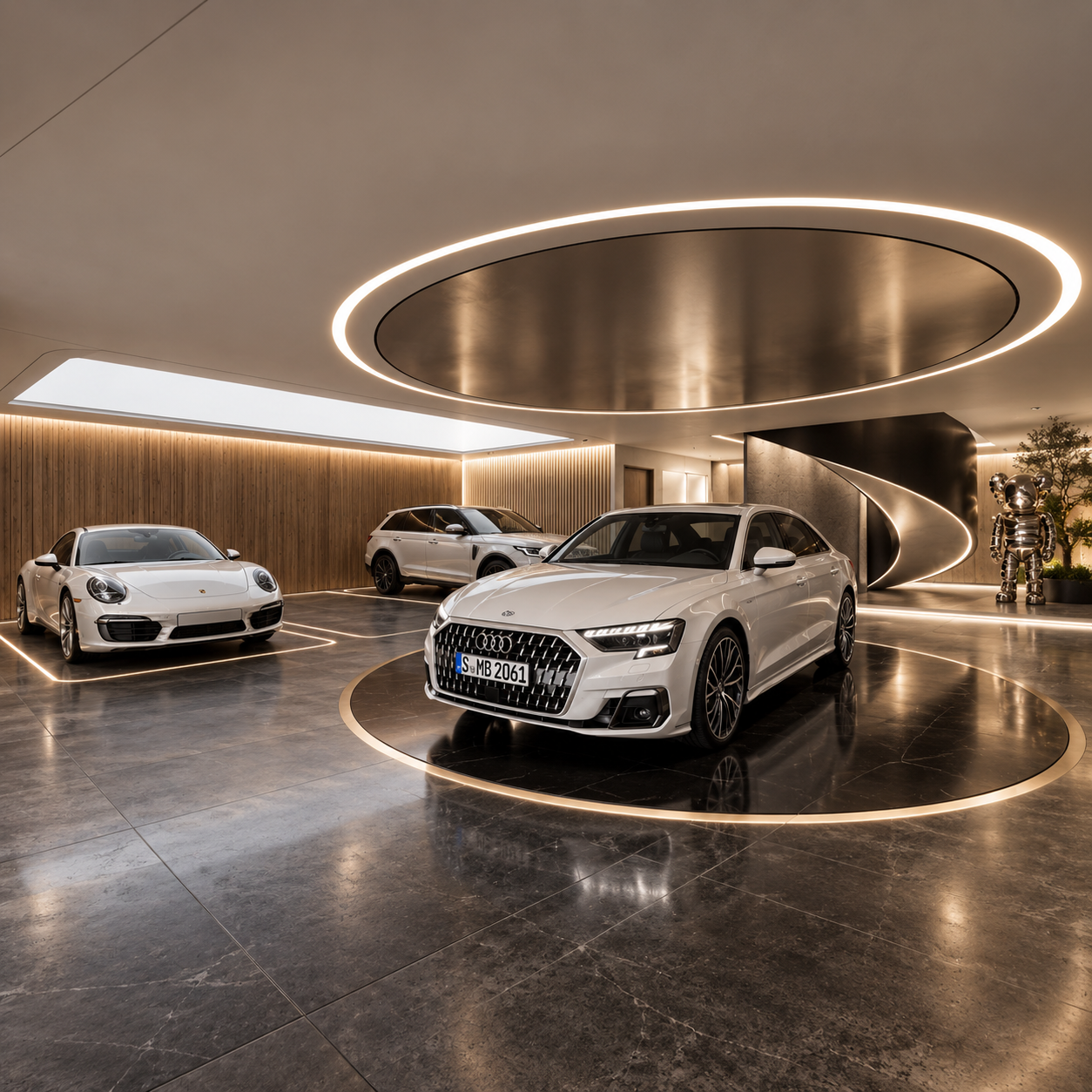 Underground garage of Vaucluse Villa, with a circular illuminated ceiling ring, timber slat walls, polished stone floor and a private car collection on display