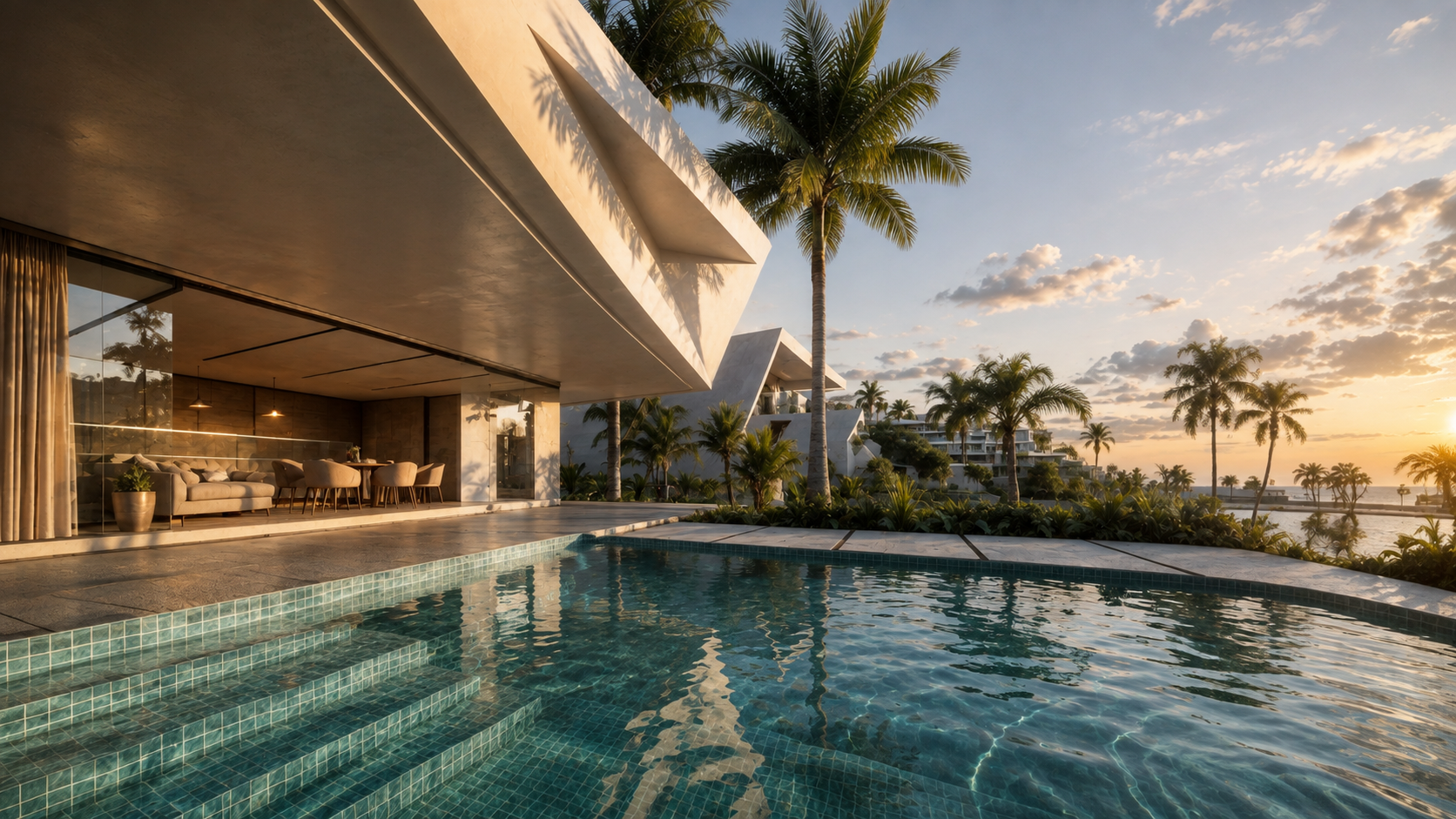 Carnelia — modern beachfront villa with private pool and palm garden at golden hour