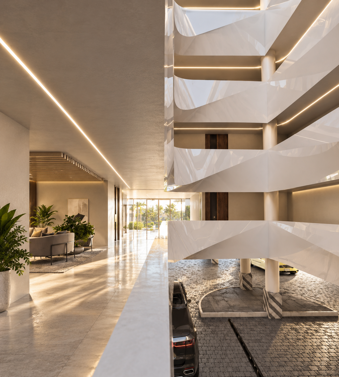 MYSORI INDIA — sculptural atrium lobby with a floating spiral staircase, concealed lighting and tropical views