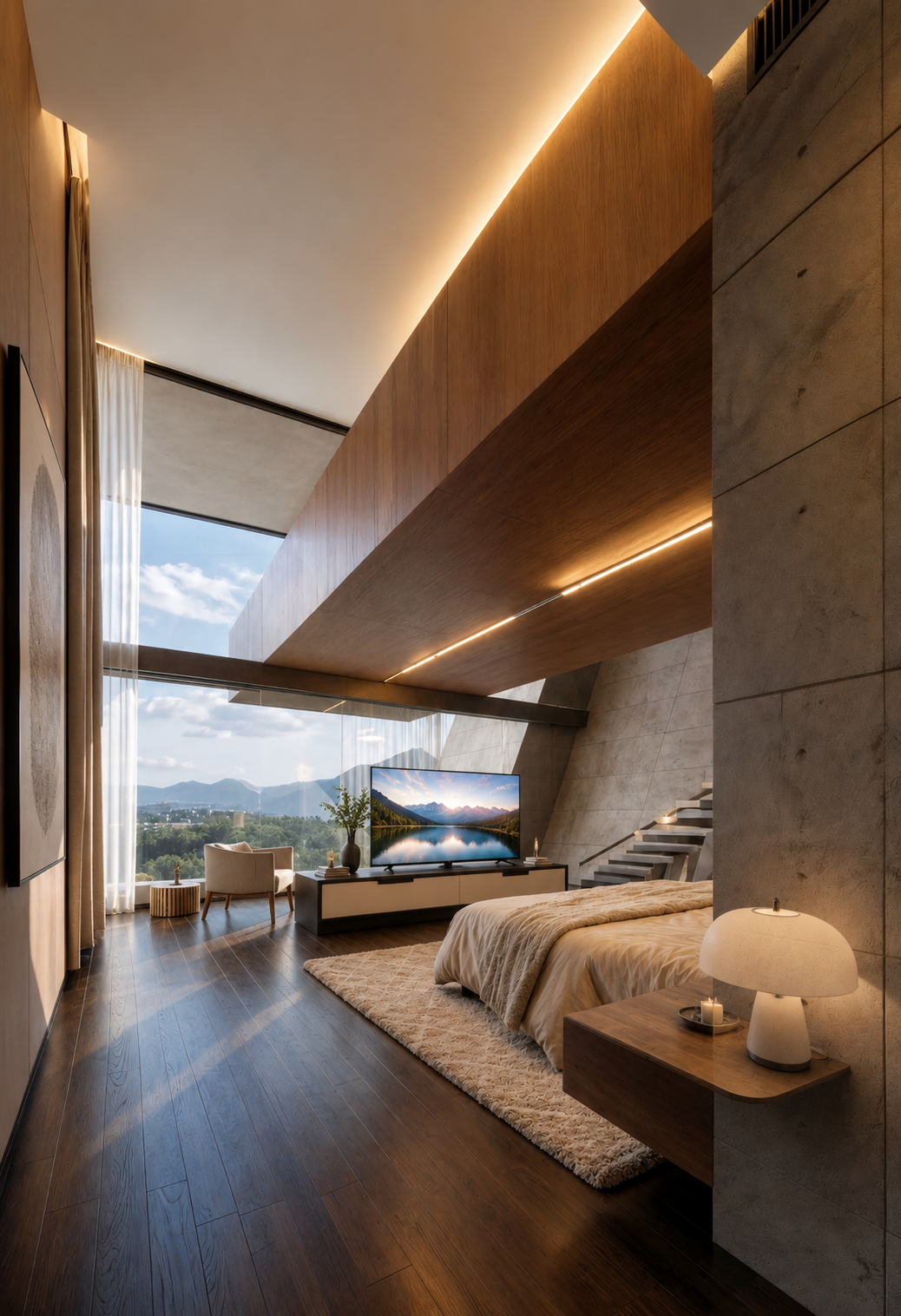 Primary bedroom suite at Laureles Villa with warm wood panelling and panoramic valley view