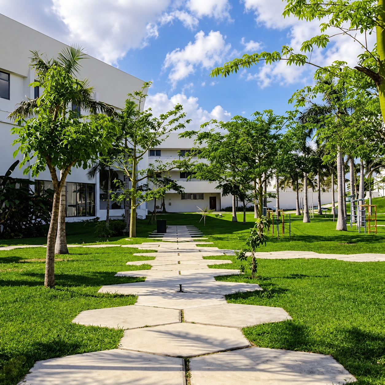 MACC ACADEMY — hexagonal stone walkway crossing the tropical gardens between white classroom volumes
