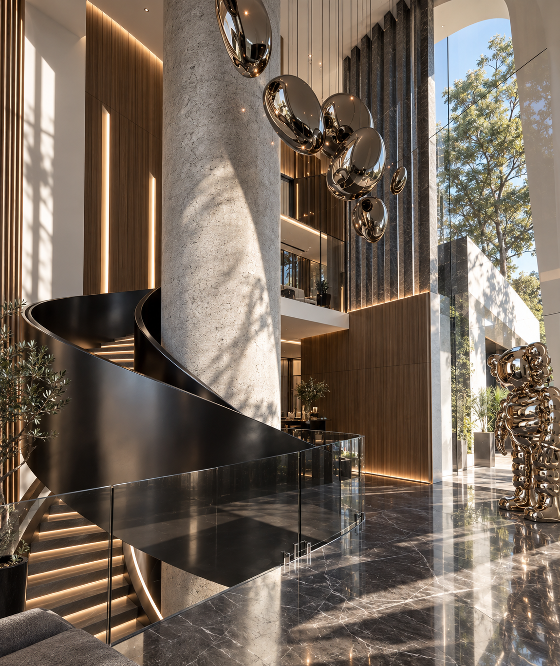 Double-height basement hall of Vaucluse Villa, with a sculptural black spiral stair wrapping a monolithic stone column, marble floors and sculptural pendant sculptures