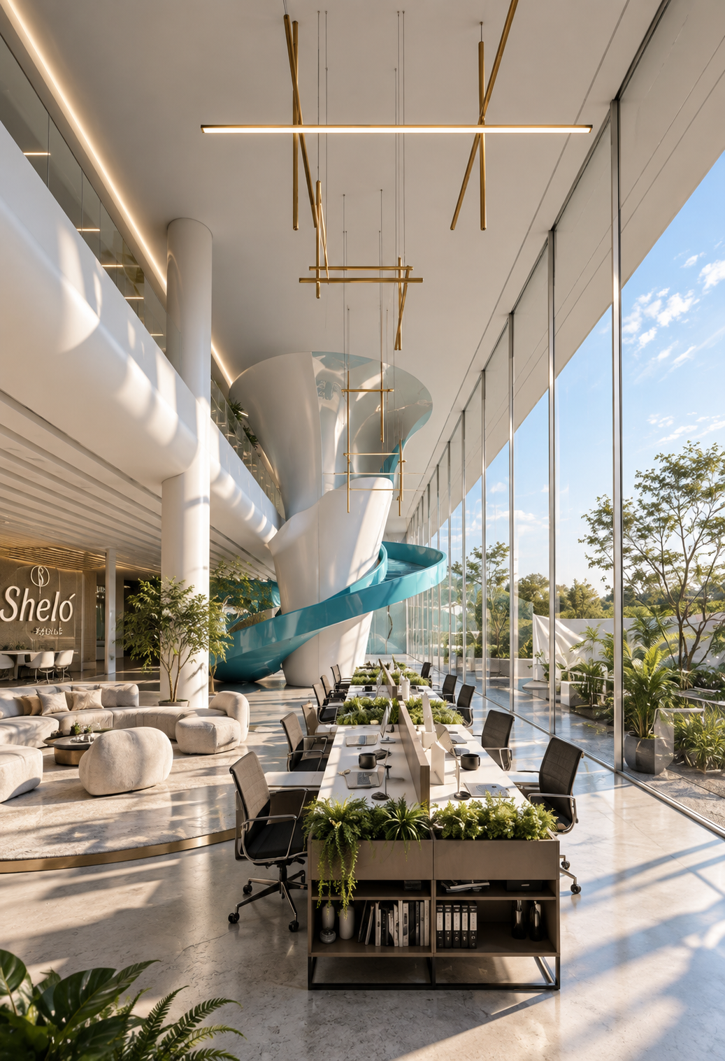 SHELO NABEL — bright open-plan office interior with turquoise spiral staircase, garden-filled workstations and sculptural brass lighting
