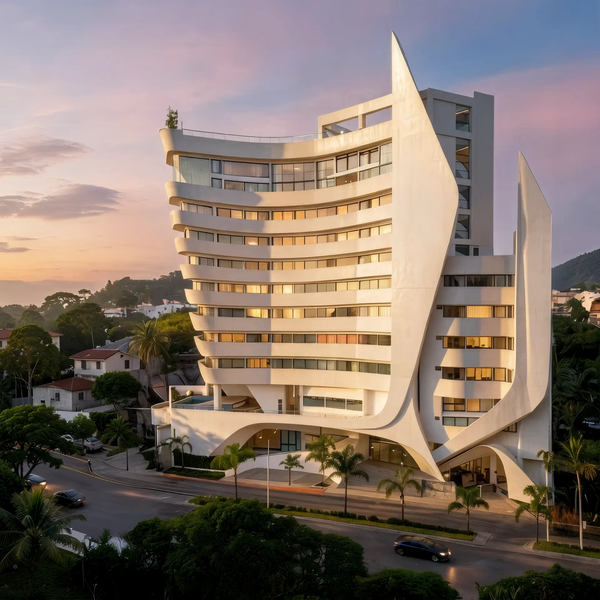 Verona Tower — full sculptural facade at dusk