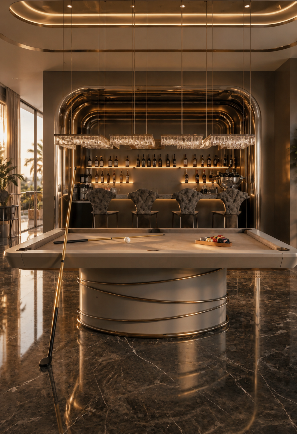 Atmosphere Home Spa — private wine club and bar with marble floors, crystal chandeliers and a pool table